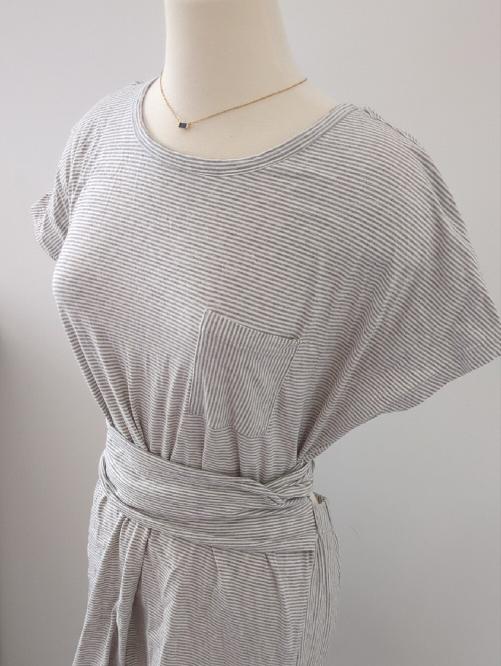 Gray and White Striped Tee Dress With Tie Waist And Back Cutout - Coastal - Picture 2 of 11